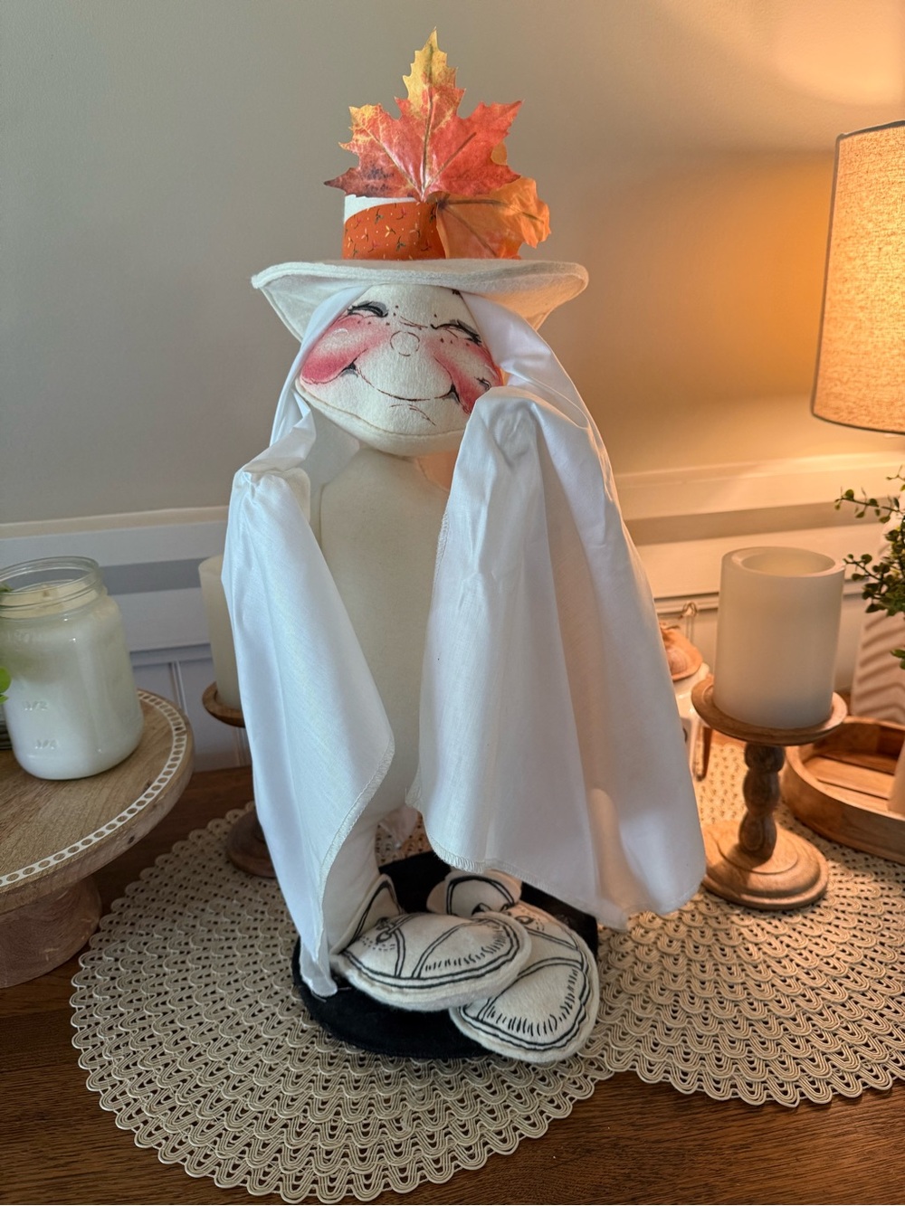 Annalee White Ghost Figure with Orange Leaf Hat